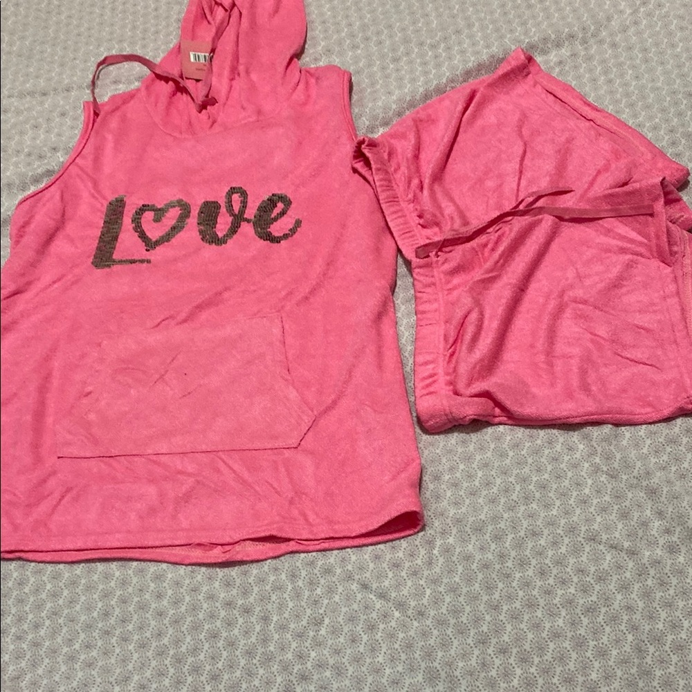 Pink Sleeveless Hoodie and Shorts Set